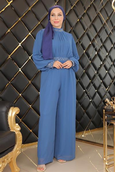 Taş Detaylı Şifon Tulum Abiye Mavi MSW19153-2