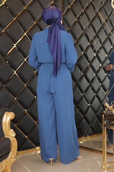 Taş Detaylı Şifon Tulum Abiye Mavi MSW19153-2