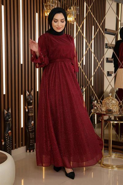 Taş Detaylı Simli Şifon Abiye Bordo 19113