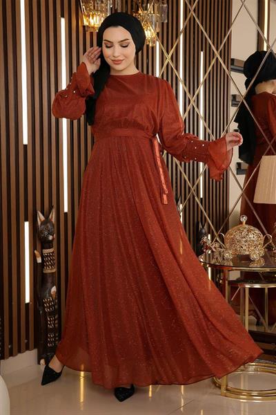 Taş Detaylı Simli Şifon Abiye Kiremit 19113