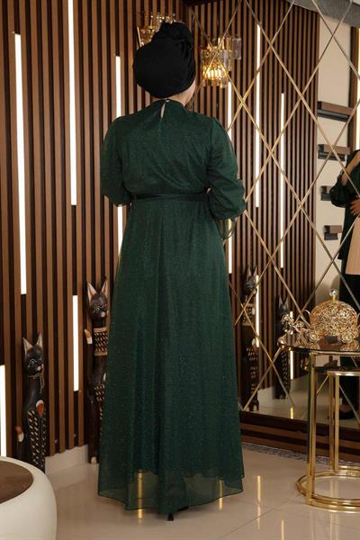 Taş Detaylı Simli Şifon Abiye Zümrüt 19113