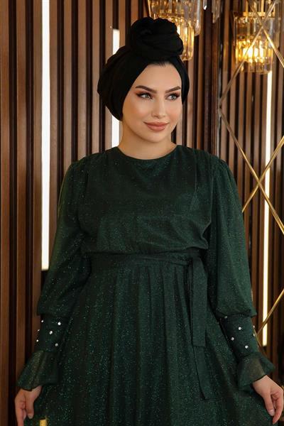 Taş Detaylı Simli Şifon Abiye Zümrüt 19113