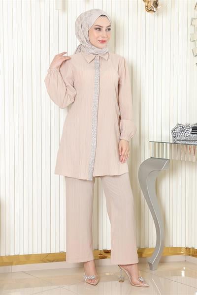 Taş Detaylı Takım Bej MSW19195-3