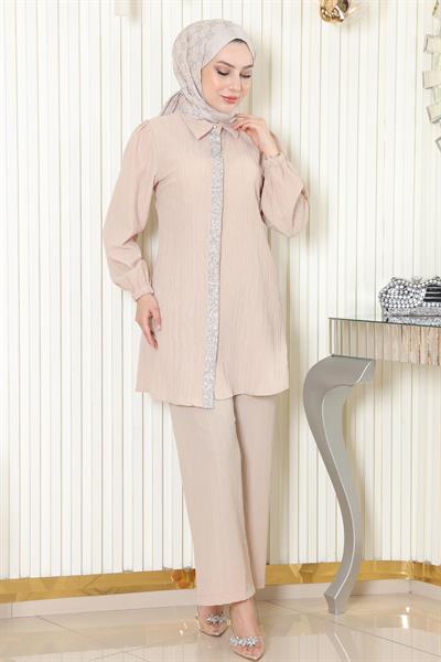 Taş Detaylı Takım Bej MSW19195-3