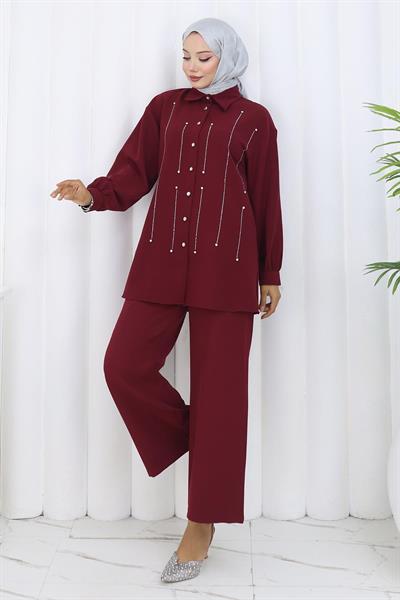 Taş Detaylı Takım Bordo 19266