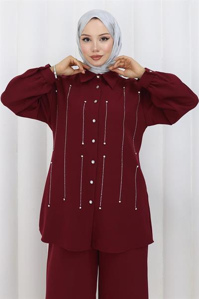 Taş Detaylı Takım Bordo 19266