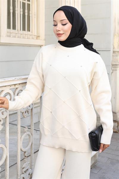 Taş Detaylı Triko Takım Beyaz 6148