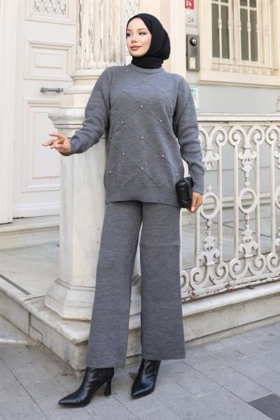 Taş Detaylı Triko Takım Gri 6148