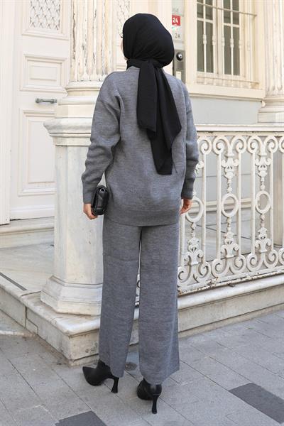 Taş Detaylı Triko Takım Gri 6148