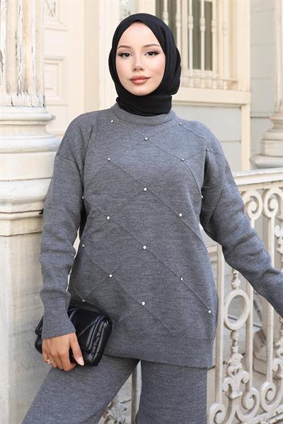 Taş Detaylı Triko Takım Gri 6148
