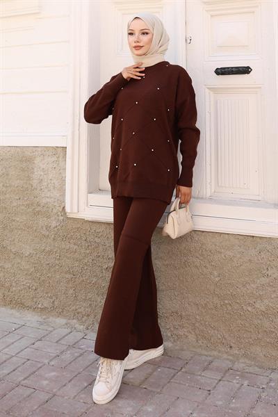 Taş Detaylı Triko Takım Kahverengi 6148