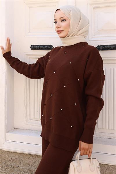 Taş Detaylı Triko Takım Kahverengi 6148