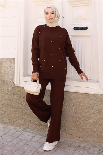 Taş Detaylı Triko Takım Kahverengi 6148