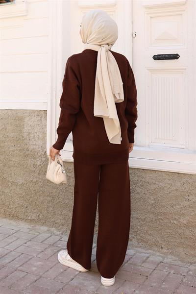 Taş Detaylı Triko Takım Kahverengi 6148