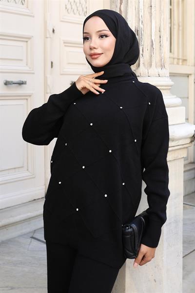 Taş Detaylı Triko Takım Siyah 6148