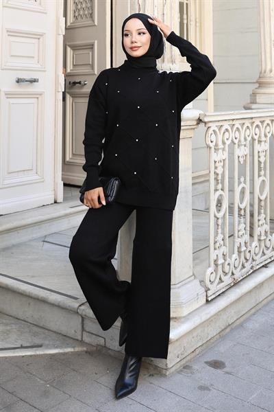 Taş Detaylı Triko Takım Siyah 6148