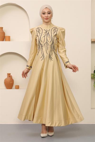 Taşlı Saten Abiye Gold 12247