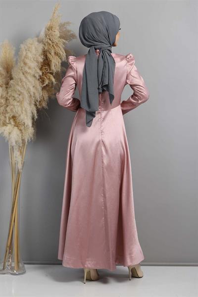 Taşlı Yakma Desenli Abiye Gül Kurusu 11404