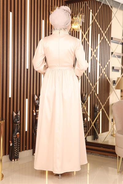 Tüy Detaylı Saten Abiye Bej 19123