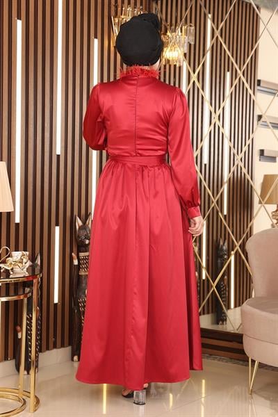 Tüy Detaylı Saten Abiye Kırmızı 19123