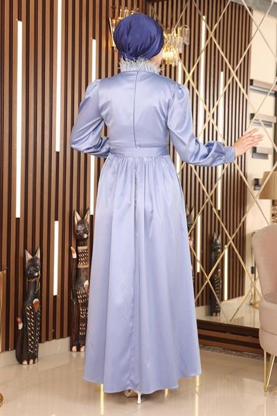 Tüy Detaylı Saten Abiye Mavi 19123