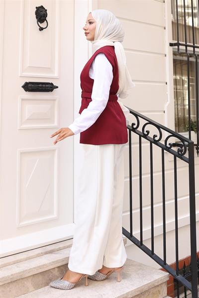 V Yaka Yelekli Takım Bordo 19254