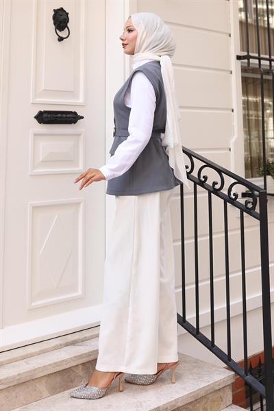 V Yaka Yelekli Takım Gri 19254