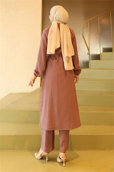 Yakası Fermuar Detaylı Takım Gül Kurusu 19276