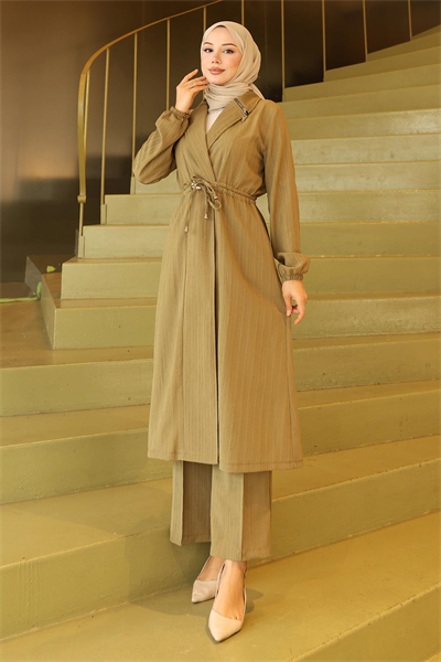 Yakası Fermuar Detaylı Takım Haki 19276