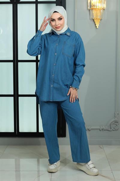 Yakası Taşlı Kot Takım Açık Mavi MSW19183-1