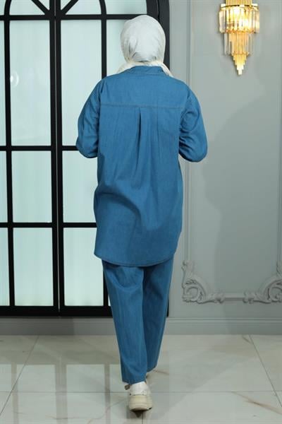 Yakası Taşlı Kot Takım Açık Mavi MSW19183-1