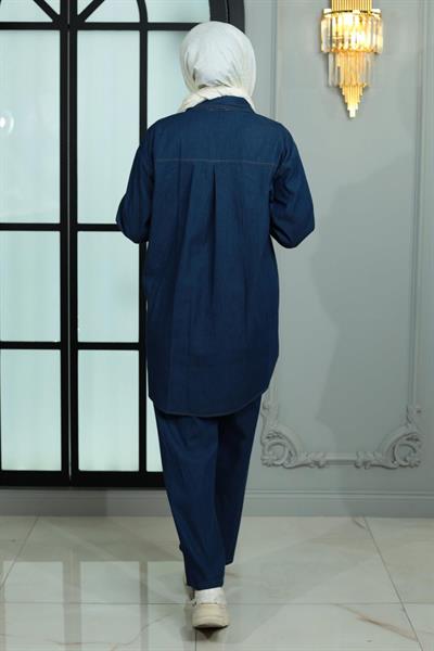 Yakası Taşlı Kot Takım Koyu Mavi MSW19183-2