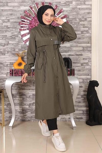 Yazı Detaylı Kapşonlu Mont Haki 15900