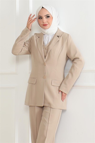 Yelekli Üçlü Takım Bej 19222