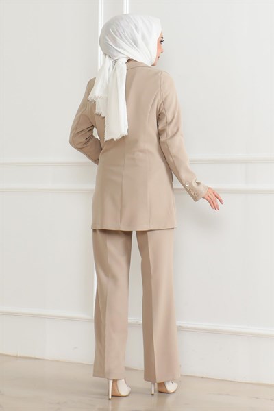 Yelekli Üçlü Takım Bej 19222