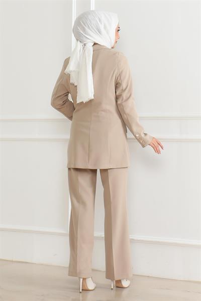 Yelekli Üçlü Takım Bej MSW19222-4