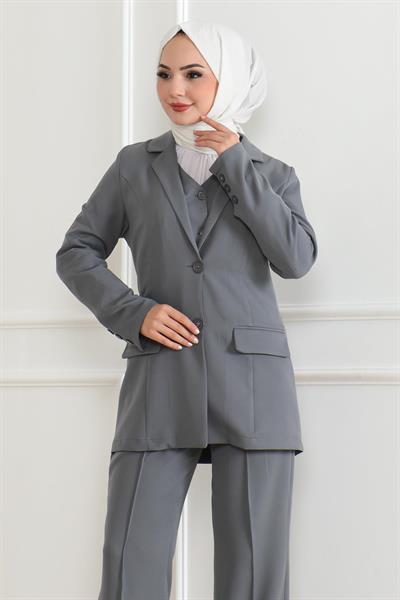 Yelekli Üçlü Takım Gri 19222
