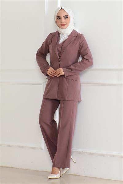 Yelekli Üçlü Takım Gül Kurusu 19222