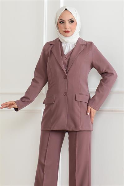 Yelekli Üçlü Takım Gül Kurusu MSW19222-3