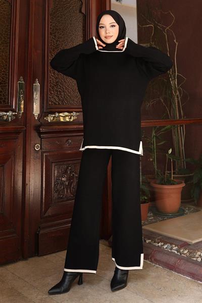 Yırtmaç Detaylı Triko Takım Siyah 6152