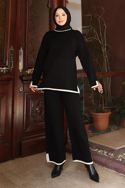 Yırtmaç Detaylı Triko Takım Siyah 6152