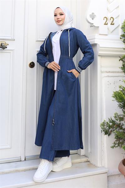 Beli Lastikli Kapşonlu Kot Takım Koyu Mavi