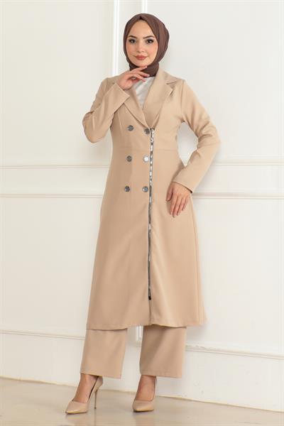 Düğme Detaylı Fermuarlı Takım Bej MSW19219