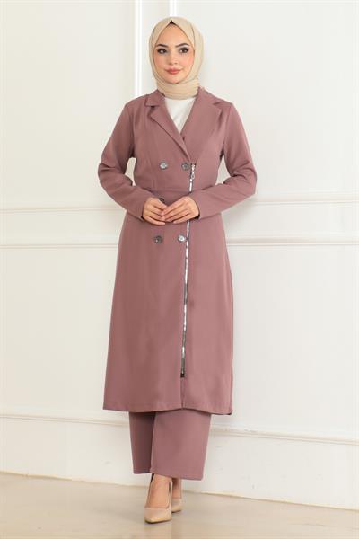 Düğme Detaylı Fermuarlı Takım Gül Kurusu MSW19219