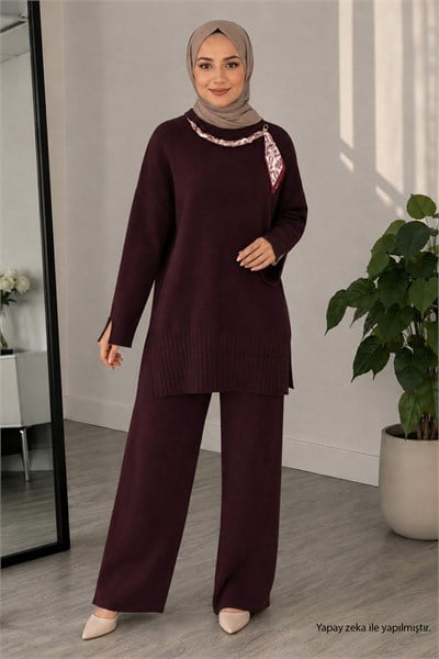 Fularlı Triko Takım Mürdüm 2001