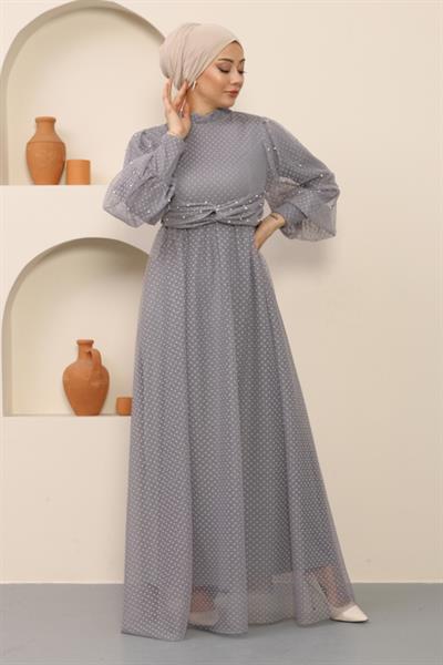 İnci Detaylı Tül Abiye Gri MSW12238