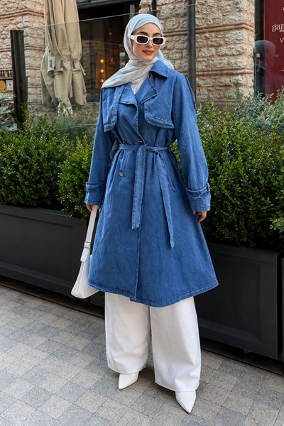Kuşak Detaylı Denim Trençkot Açık Mavi 19320