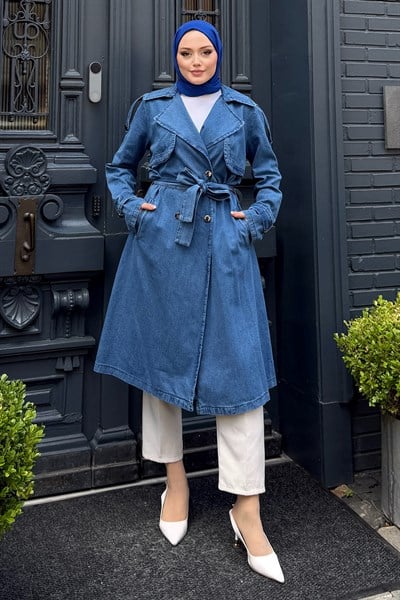 Kuşak Detaylı Denim Trençkot Açık Mavi 19320