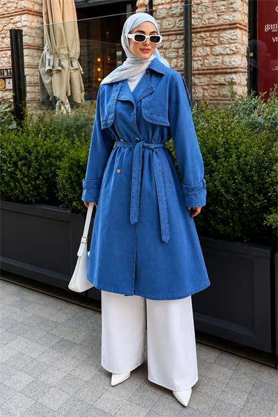 Kuşak Detaylı Denim Trençkot Açık Mavi 19320