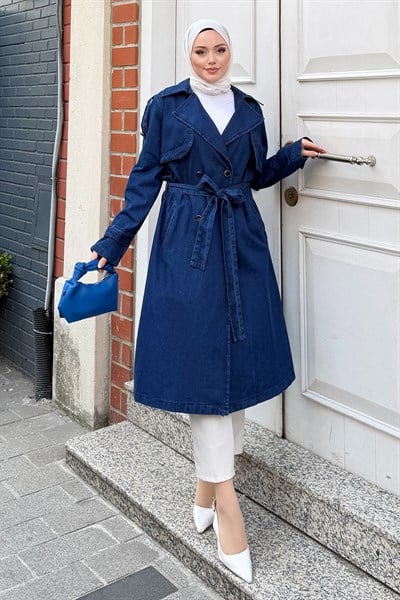 Kuşak Detaylı Denim Trençkot Koyu Mavi 19320